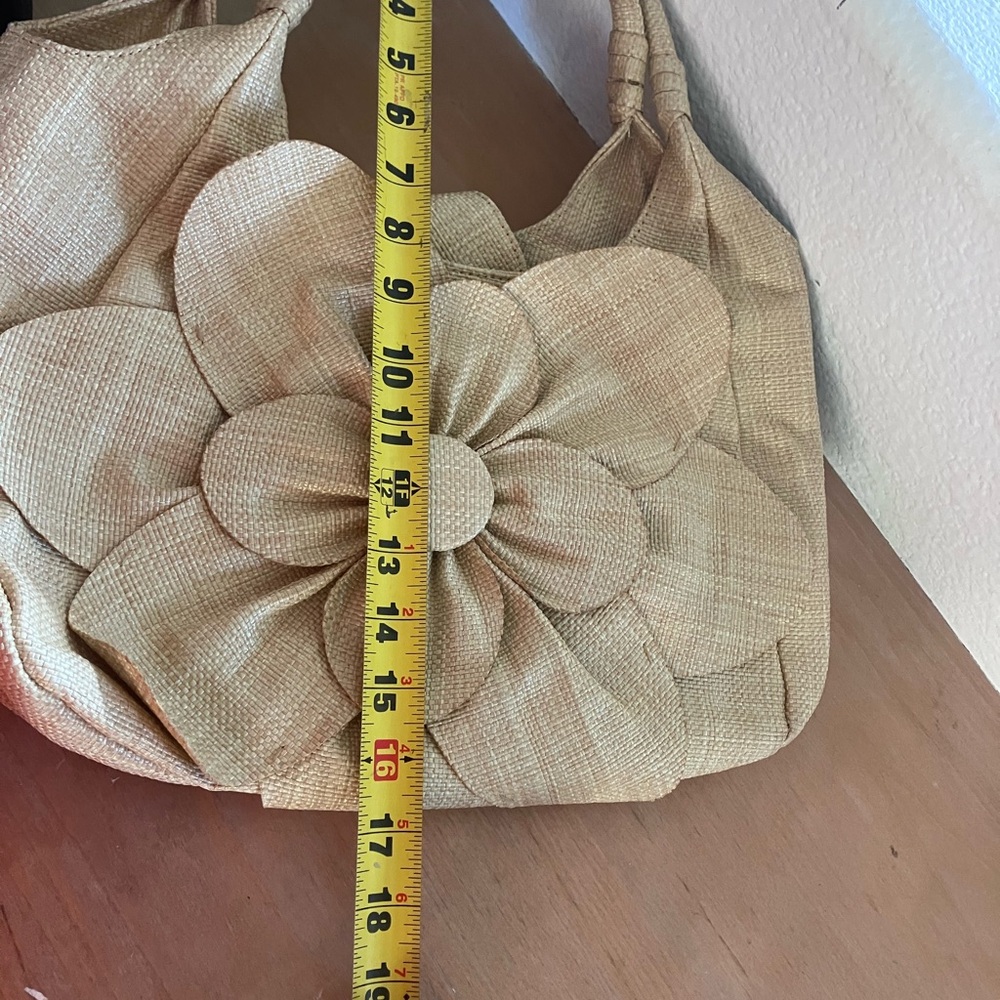 Handbag with Large Flower Accent - Beige Woven Tote - Picture 8 of 8
